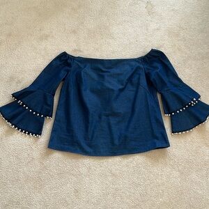 Intermix women’s off the shoulder dark denim top with pearl detailed sleeves  lg